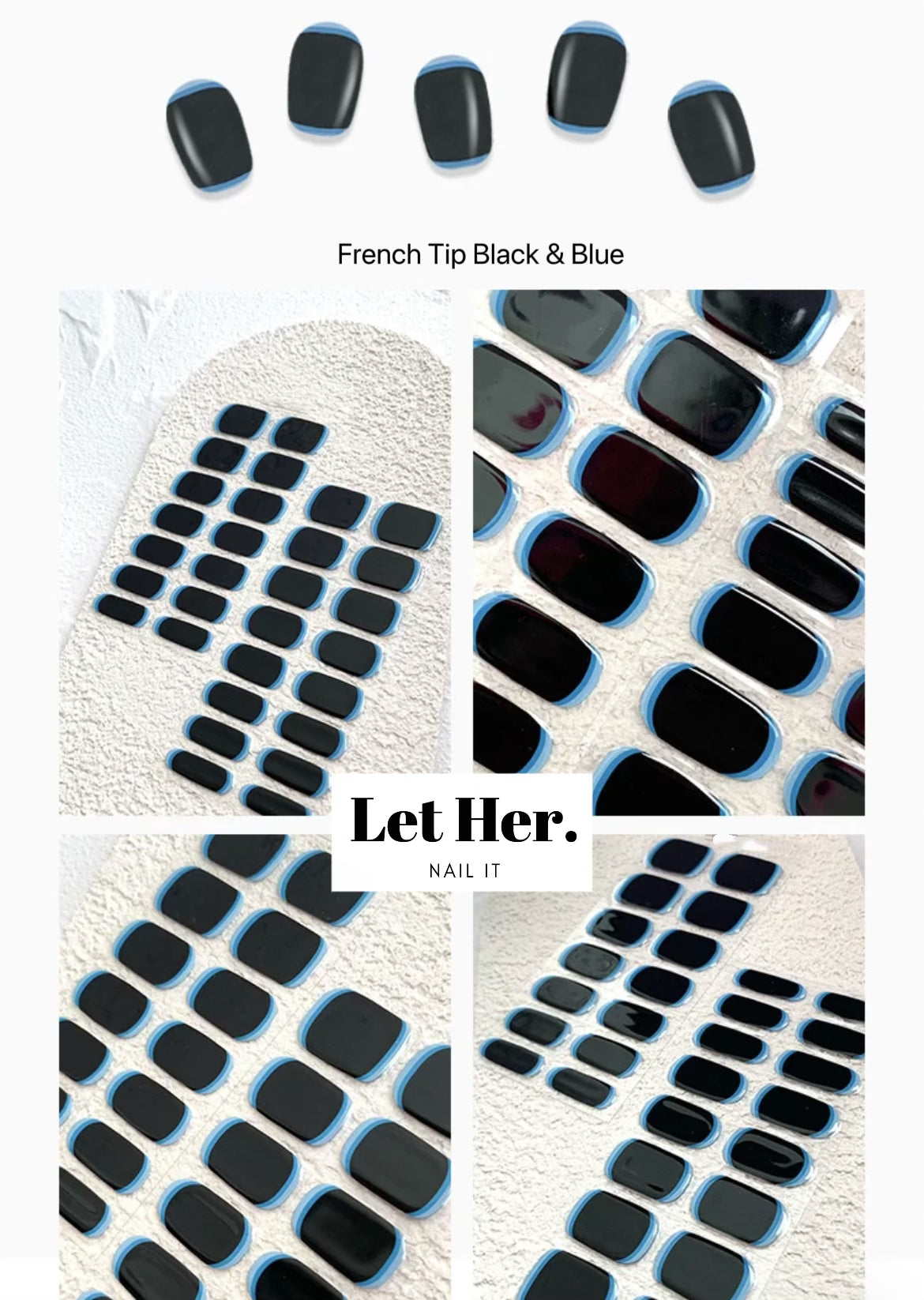 Let Her. Nail It. UV Gel Strips [Color #French Tip Black & Blue]
